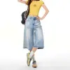 Jeans Casual Americano Retro Azul Claro de Perna Larga para Mulheres 2026 Nova Coleção Primavera e Verão Calça Cropped Solta Tendência Versátil