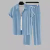 2026 Amazon comércio exterior transfronteiriço terno casual masculino de camisa de manga curta listrada com gola abotoada e calça comprida com cordão