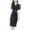 Vestido elegante de verano 2023 para mujer, estilo occidental, ajustado, con escote en V y corte A, largo medio, color negro