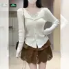 Suéter de punto atmosférico con ribete de encaje y cuello en V, elegante para mujer, de primavera y otoño, con fruncidos abotonados entallados