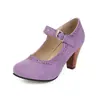 Comercio Exterior Primavera y Otoño Nuevos Zapatos Planos de Tacón Medio con Correa Única Boca Poco Profunda Punta Redonda Brogue Retro Mary Jane Tacón Grueso Zapatos de Hada