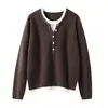 Suéter de Cachemira Transfronterizo Cuello Redondo Estilo Nuevo Adelgazante para Mujer Bloque de Color Otoño Invierno Jersey de Punto Grueso Capa Base Falso de Dos Piezas