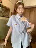 Camisa de Manga Corta con Cuello Polo de Cuadros Azules Bordada para Mujer Verano Holgada y Versátil Chaqueta Estudiante Camisa Cárdigan Transfronteriza