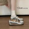 Primeiro Encontro Sapatos Mary Jane de Ballet Aumentadores de Altura Sazonais para Mulheres, Novo Modelo Verão 2026, Versátil com Saias, Laço, Luz Prateada