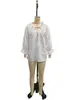 2026 Blusa Jacquard Branca Texturizada Cruzada com Decote V, Babados e Mangas Bufantes 3/4 Solta para Mulheres