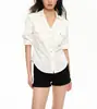 Camisa Blanca de Lino Tencel con Cuello en V y Mangas Tres Cuartos para Mujer, Estilo Old Money, Blusa Holgada Casual con Cintura Ajustable