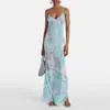 Amazon Cross-Border Europeu e Americano 2025 Moda de Verão Vestido Simples Estampado Sexy Decote V Fenda Alça