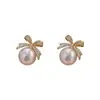 Pendientes de Lazo de Perla S999 Plata, Pendientes de Botón con Incrustación de Diamante, Pendientes de Lujo Ligero de Diamante Completo, Nicho, Regalo para Novia