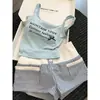 Pijama de Tirantes Estilo Chica Caliente Americana para Mujer, Nuevo Estilo de Verano con Chaleco Acolchado, Shorts Rayados, Ropa para el Hogar, Conjunto de Tallas Grandes