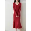 Vestido jersey de cachemira estilo coreano, versátil vestido largo casual de punto de lana para otoño e invierno