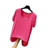 Camiseta base de modal color caramelo estilo coreano, cuello redondo, manga corta, cuello en U grande, camiseta básica holgada para mujer, primavera y verano
