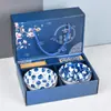 Conjunto Criativo de Cerâmica Azul e Branco Estilo Japonês Louça de Mesa Tigelas e Hashis Conjunto Tigela e Prato Tigela Auspiciosa Tigela de Cerâmica para Uso Doméstico
