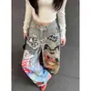Jeans Divertidos con Estampado de Dibujos Animados Estilo Retro Americano para Mujer, Pantalones de Pierna Ancha con Diseño de Graffiti Estilo Callejero
