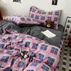 Ins Estilo Retro Sencillo Juego de Cuatro Piezas de Algodón Lavado Color Sólido Estilo Japonés Cuadros Funda de Edredón para Dormitorio Juego de 3 Piezas Funda de Edredón Individual/Doble