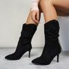 Novo Outono e Inverno Transfronteiriço Europeu e Americano Camurça Bico Fino Salto Alto Botas de Cano Médio Pregueadas Stiletto Hot Girl Botas de Moda Feminina