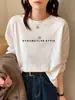 Camiseta blanca de algodón peinado de 260 g/m², corte holgado, manga larga para mujer, capa base adelgazante otoño/invierno, top de cuello redondo
