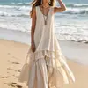 2026 Nuevo Vestido Largo sin Mangas Bohemio Transfronterizo Europeo y Americano Estilo Vacacional Vestido de Algodón y Lino con Volantes