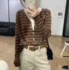 Cárdigan de punto imitación lana a rayas con cuello en V de primavera, prenda exterior elegante y versátil, top con efecto adelgazante