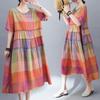 Vestido de Verano Elegante y Artístico Talla Grande con Patchwork Plisado, Estilo Casual Holgado, Dobladillo Amplio, Vestido de Longitud Media