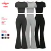 Primavera/Verano 2026 Nuevo Estilo Europeo y Americano Pantalones Acampanados Transfronterizos Crop Top de Cintura Alta Manga Corta Ropa Deportiva Multiusos Traje Casual para Mujer
