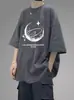 Camiseta de Manga Corta de Algodón Puro para Hombre de Verano, Estilo Harajuku Hong Kong Ins Japones Cuello Redondo Estampada Moderna Holgada Manga de Tres Cuartos