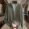 Jaqueta Cardigan de Tricô Masculina, Suéter de Cor Sólida Listrada com Gola Alta e Zíper, Jaqueta Casual Tendência de Outono e Inverno de Alta Qualidade