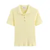 Roupas Femininas Europeias e Americanas 2025 Outono Novo Cor Lisa Manga Curta Decote com Joias Polo Canelado Camiseta