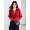 Tiro real en stock diseño cuello semi-alto cremallera suéter rojo mujer corto otoño e invierno suéter engrosado