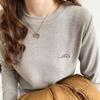 Camiseta básica feminina de veludo dupla face, bordada com elefante, macia e quente, novo estilo coreano, gola redonda pequena, manga longa