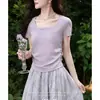 Camiseta Roxo de Manga Curta para Mulheres, Novo Estilo Verão 2026, Elegante e Bonita, Corte Justo, Valoriza a Silhueta, Top com Decote Quadrado