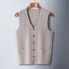 Chaleco cárdigan exclusivo transfronterizo para hombre, casual de mediana edad, color liso, con bolsillos, sin mangas, cálido, tejido