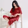 Pijama Feminino Novo 2026, Toque de Luxo, Fino para o Verão, Algodão Puro, Conjunto de Roupa para Casa Feminino com Blusa de Manga Curta e Calça Longa, 100% Algodão