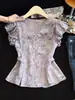 Camisa de alta qualidade com estampa floral roxa para mulheres, verão, lindo laço nas costas, cintura marcada, temperamento deslumbrante, top de manga curta tipo botão para mulheres