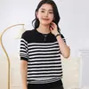 Camiseta de algodón puro para mujer, cuello redondo, estilo coreano, con rayas clásicas, nueva, versátil, casual, de punto, manga corta, estilo coreano, primavera/verano