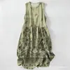 Vestido Casual de Algodón Puro con Estampado Digital Nuevo Transfronterizo, Cuello Redondo, Sin Mangas, Largo Medio, para Mujer, Verano en la Playa