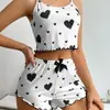 Verano Europeo y Americano 2024 Tejido de Canalé Estampado de Corazones Sentido del Diseño Dulce Camisola Shorts Pura Tentación Pijama para Mujeres