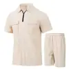 Traje de hombre de manga corta de marca independiente europea y americana, seleccionado cuidadosamente, transfronterizo, con textura de gofre, cuello mao, cremallera pequeña, múltiples bolsillos y color liso