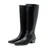 Botas de Cavaleiro de Couro Femininas Botas de Cano Alto Outono e Inverno Novas Couro Genuíno Bico Quadrado Salto Alto Grosso Botas Acima do Joelho Botas Retas Femininas