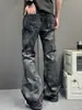 Jeans de Micro-Flare Lavado Desgastado Estilo de Rua Revestido Vibe Retrô Americano Calças Masculinas Largas de Cintura Alta Comprimento Total
