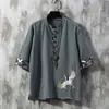 Camiseta de Lino Fina de Manga Corta para Hombre Estilo Chino Bordado de Grulla Algodón y Lino Moderna Holgada Tops Antiguos