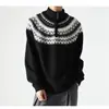 Suéter Jacquard Estilo Retro Americano Fair Isle para Homens e Mulheres, Outono/Inverno, Sensação Preguiçosa de Alto Padrão, Tricô com Gola Alta Meio Zíper