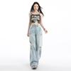 Primavera e Verão 2025 Novos Jeans Rasgados da Moda de Perna Larga Reta para Mulheres Estilo Hot Girl Retrô Jeans Feminino Chenille