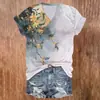 Blusas de manga corta para mujer transfronterizas, camisetas de cuello en V para mujer con diseño estilo chino y estampados florales, impresión 3D, disponibles para venta al por mayor a partir de una pieza