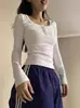 Camiseta Pulôver Branca Feminina Primavera, Outono e Inverno Slim-fit Puro Desejo Gola Meio Aberta Botão Camisa Base Manga Longa Clavícula Top Curto