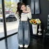 Jeans Curvos con Strass Hot-fix para Niñas Estilo Primavera/Otoño 2026 Nuevos Elegantes Jeans de Mezclilla Estilo Coreano para Niños Niñas Niños Mayores Pantalones de Pierna Ancha