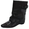 Botas de estilo perezoso de moda de celebridad de internet con arrugas apiladas para mujer, estilo otoño e invierno, ocultas, que aumentan la altura, adelgazan las piernas, hebilla de cuero, botas de montar de media pantorrilla
