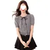 Nuevo Estilo Verano 2025 Cárdigan Suave de Encaje con Lazada Cuello Redondo Delgado con Corte de Corazón Top de Punto de Manga Corta para Mujer