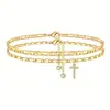 Tobillera de Acero Inoxidable Chapada en Oro con Cadena Figaro y Cadena de Barras con 26 Letras, Apilable, Moderna y Sencilla, Juego de Tobilleras para Mujer