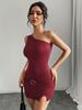 2026 Amazon Transfronterizo Ropa de Mujer Nicho Estilo Socialité Americana Vestido Otoño e Invierno Cuello Diagonal Ajustado al Cuerpo Favorecedor a la Figura Vestido Corto