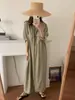 Vestido camisero casual simple de corte holgado estilo chic coreano, de manga larga, con doble bolsillo, de un solo botón, falda larga 19306